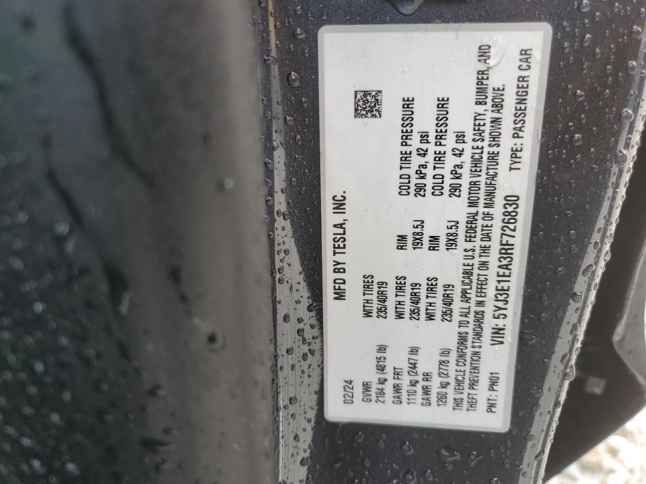 2024 Tesla Model 3 VIN: 5YJ3E1EA3RF726830 Lot: 64433085