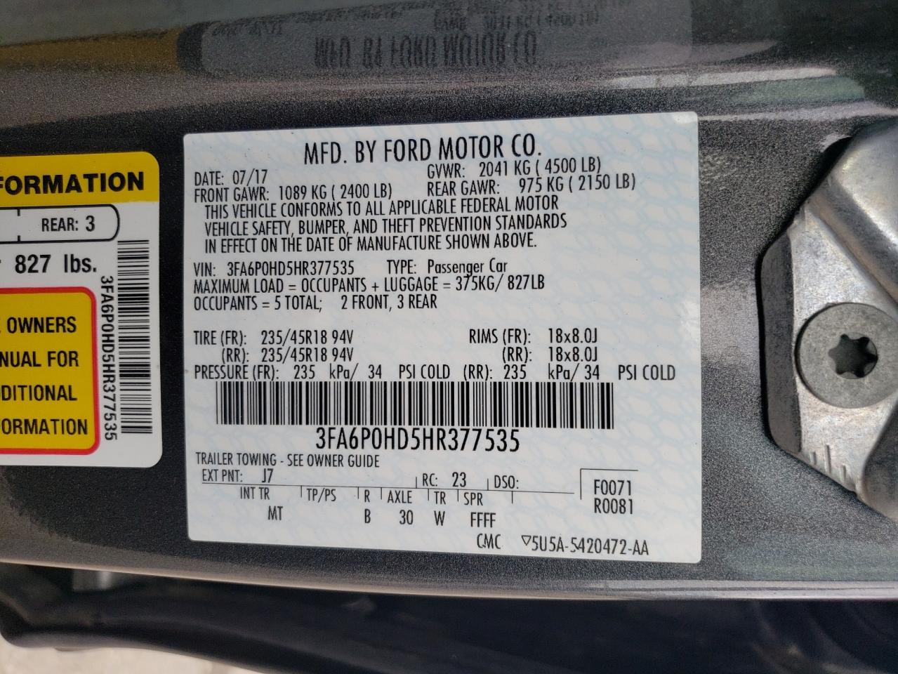2017 Ford Fusion Se VIN: 3FA6P0HD5HR377535 Lot: 65424075
