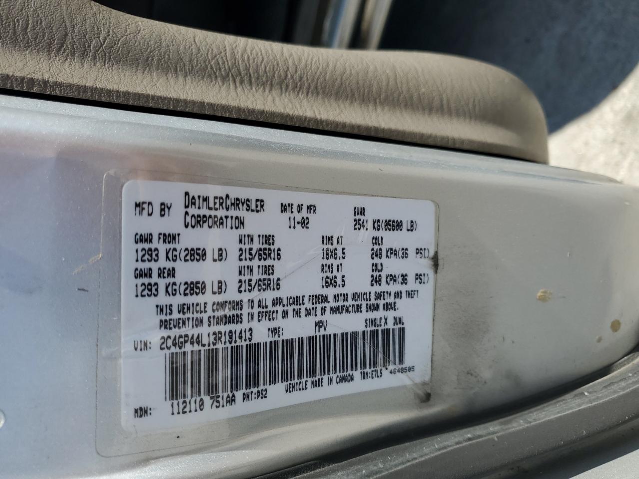 2003 Chrysler Town & Country Lx VIN: 2C4GP44L13R191413 Lot: 63715365