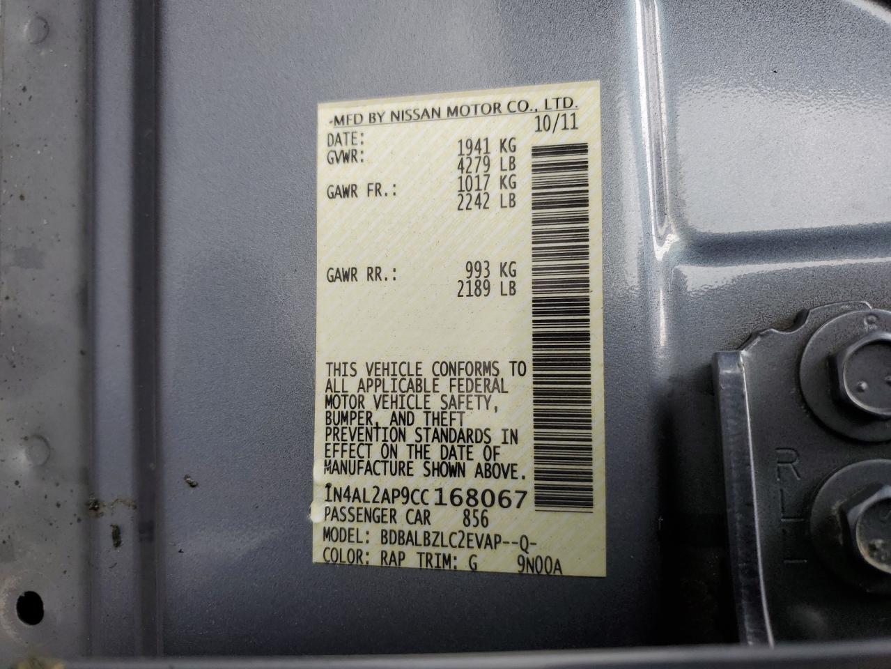 2012 Nissan Altima Base VIN: 1N4AL2AP9CC168067 Lot: 64060035
