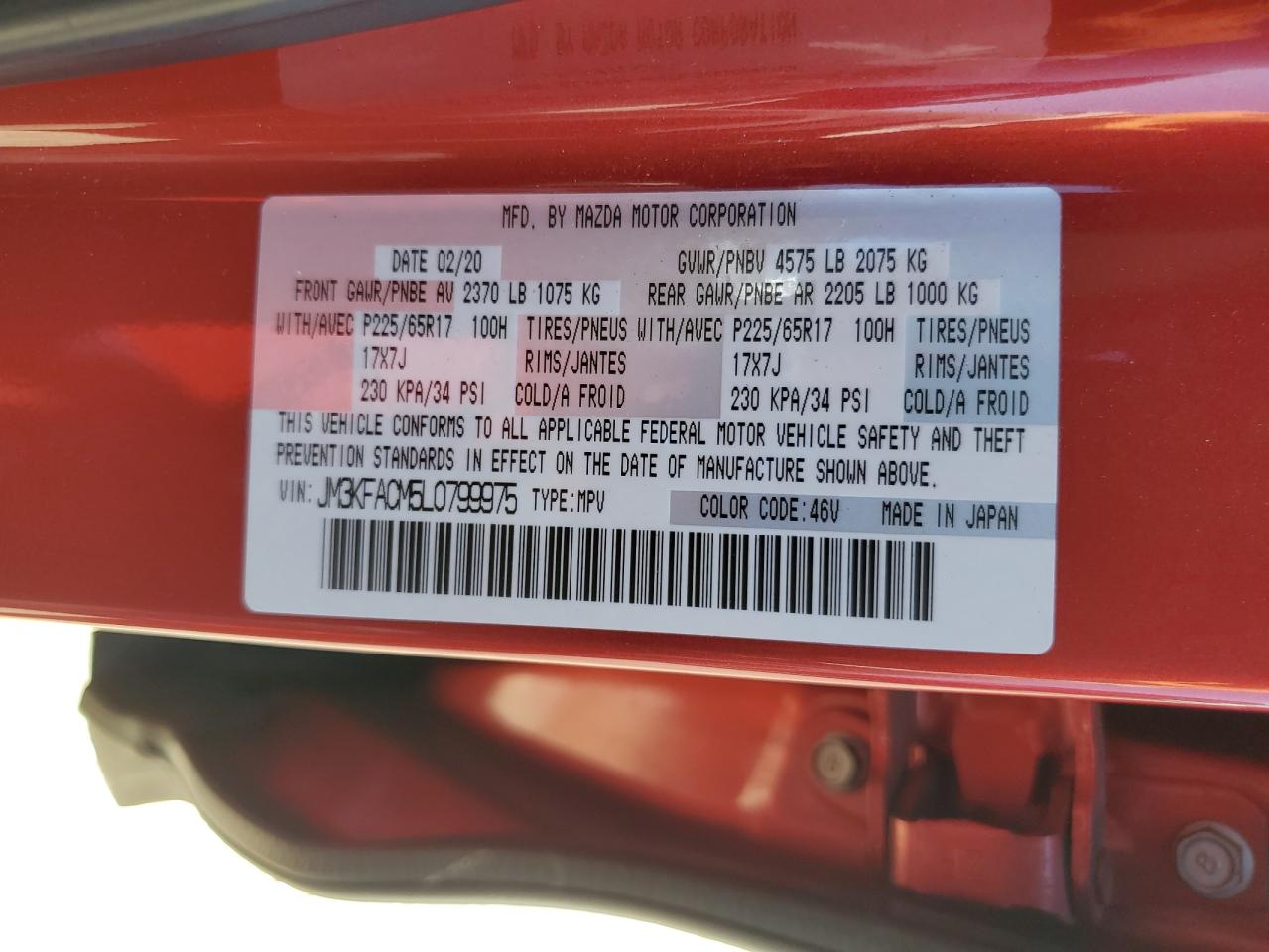 2020 Mazda Cx-5 Touring VIN: JM3KFACM5L0799975 Lot: 64331395