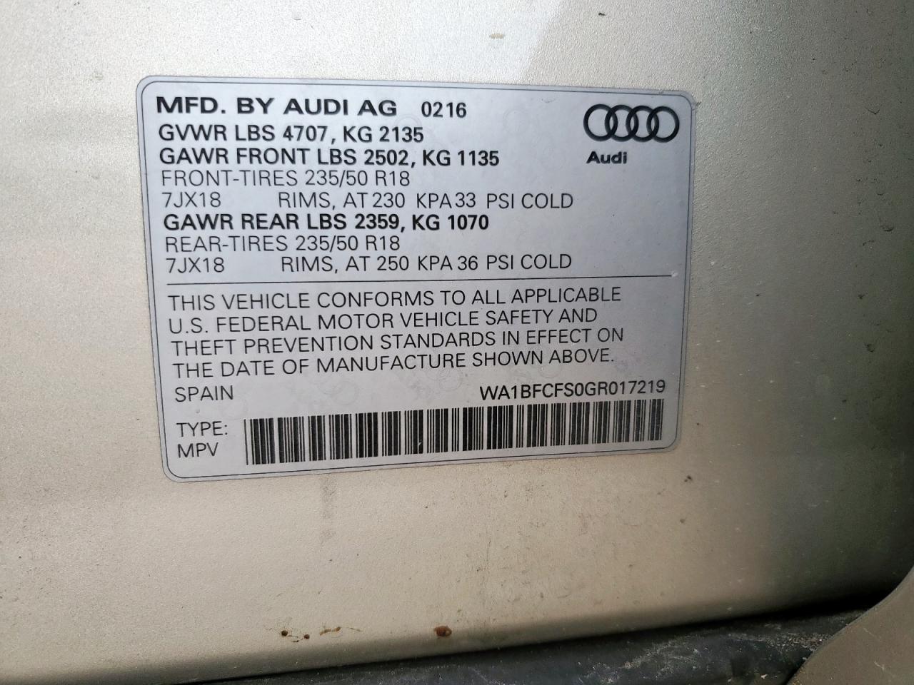 2016 Audi Q3 Premium Plus VIN: WA1BFCFS0GR017219 Lot: 63428825