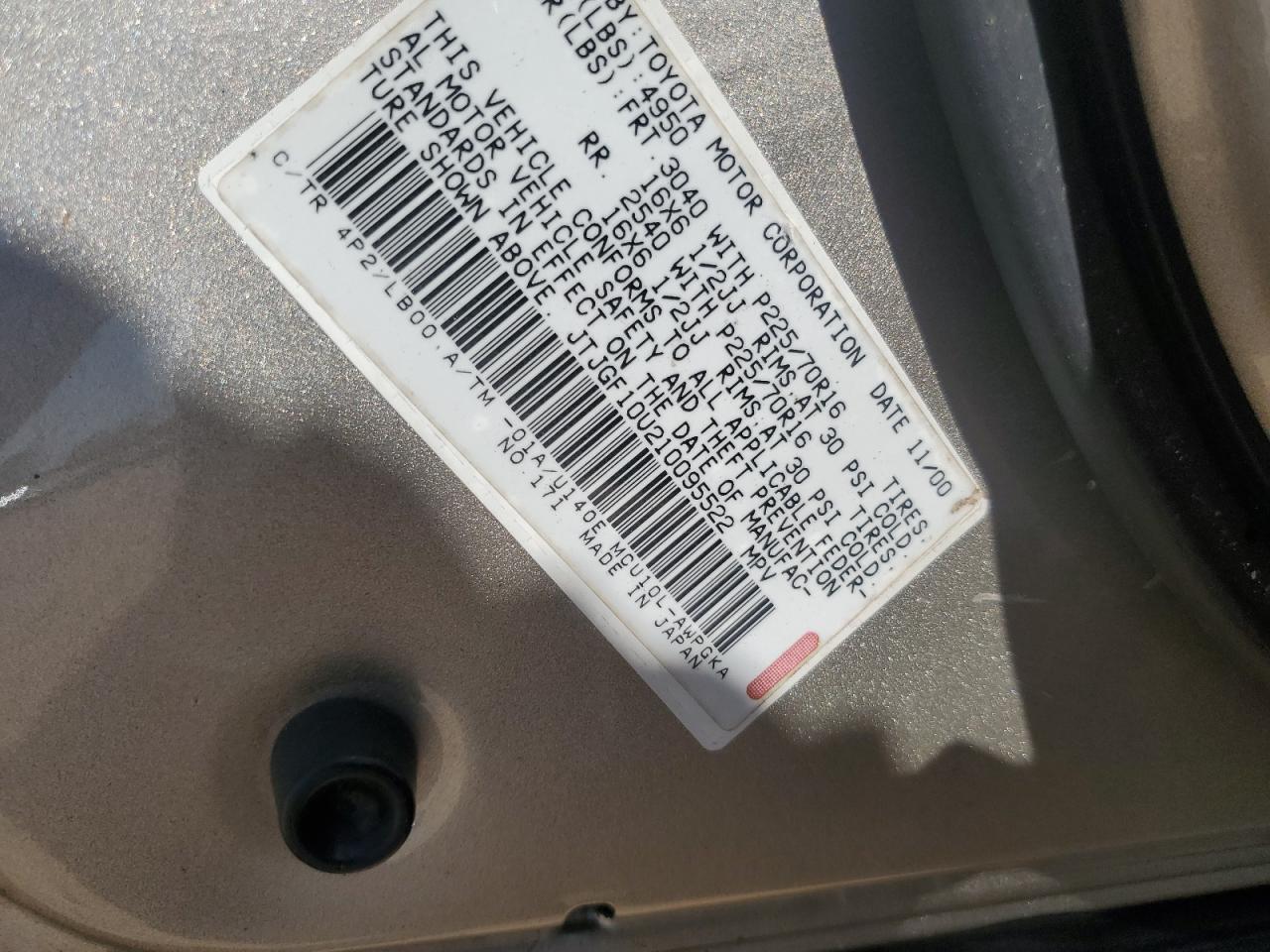 2001 Lexus Rx 300 VIN: JTJGF10U210095522 Lot: 65334165