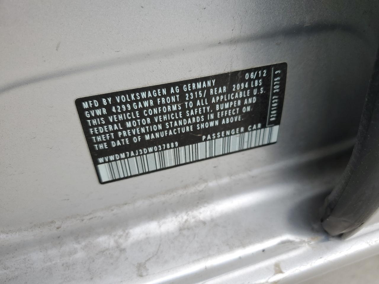 2013 Volkswagen Golf VIN: WVWDM7AJ3DW037889 Lot: 63088415