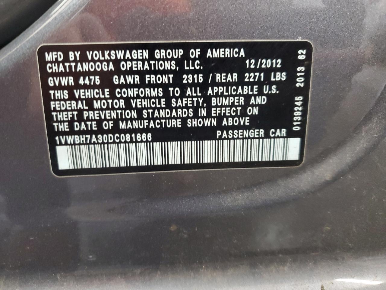 2013 Volkswagen Passat Se VIN: 1VWBH7A30DC081666 Lot: 65008485