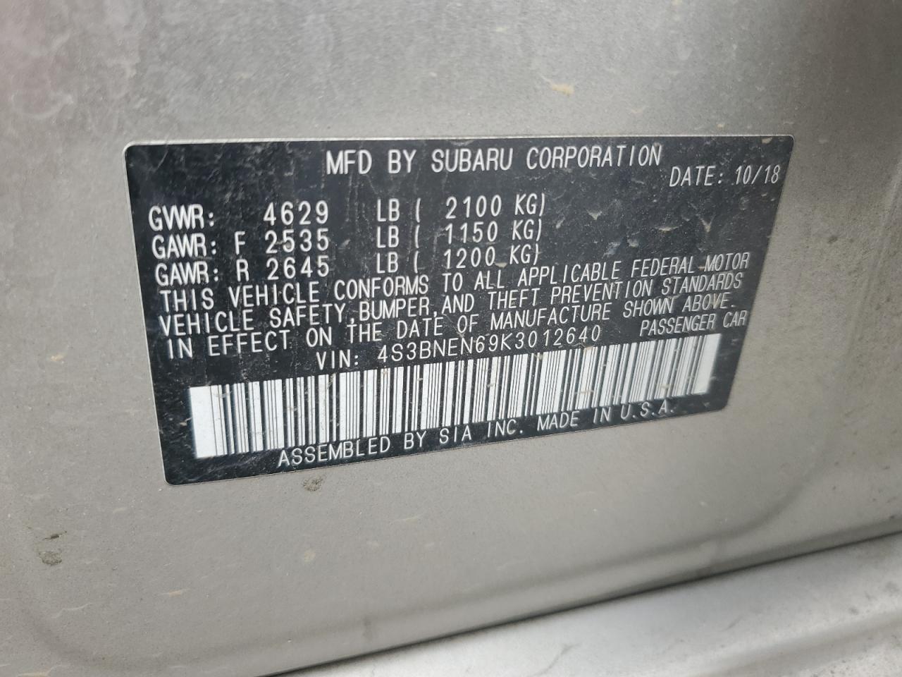 2019 Subaru Legacy 3.6R Limited VIN: 4S3BNEN69K3012640 Lot: 65787525