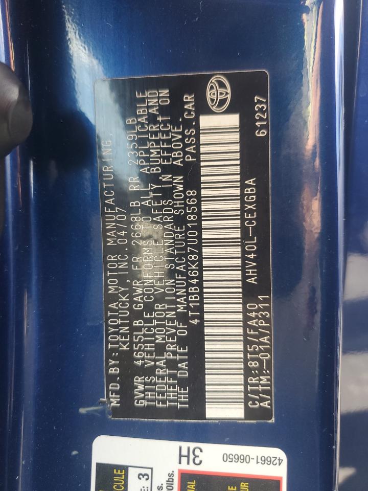 2007 Toyota Camry Hybrid VIN: 4T1BB46K87U018568 Lot: 66003075