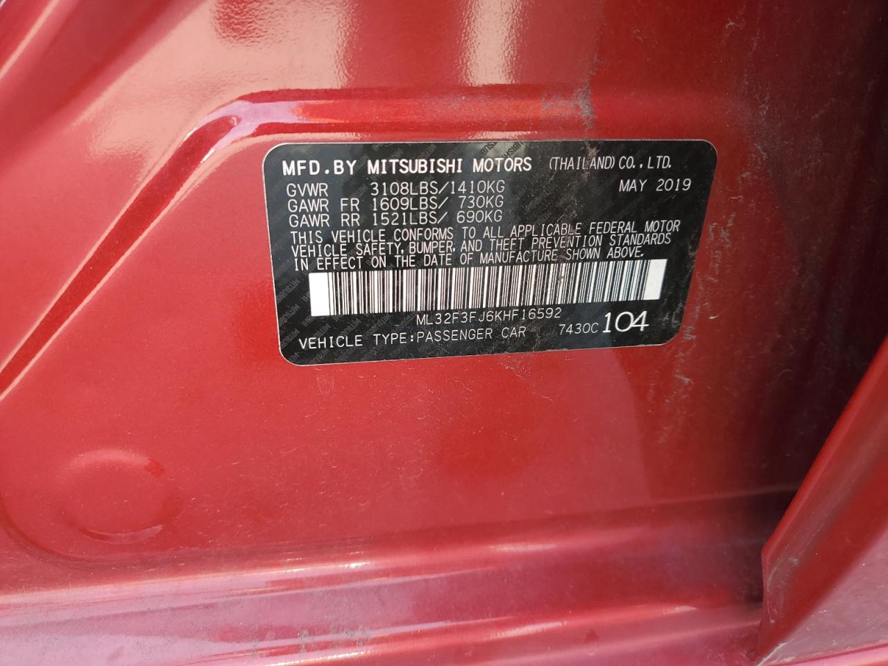 2019 Mitsubishi Mirage G4 Es VIN: ML32F3FJ6KHF16592 Lot: 65468115