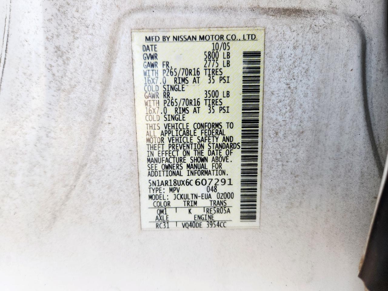 2006 Nissan Pathfinder Le VIN: 5N1AR18UX6C607291 Lot: 63155525