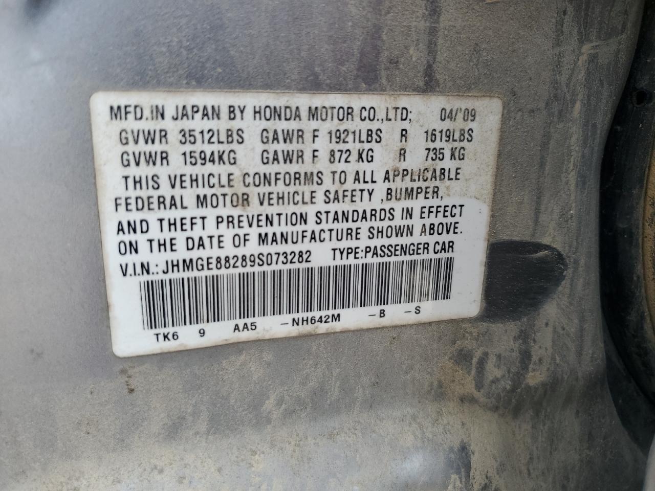 2009 Honda Fit VIN: JHMGE88289S073282 Lot: 66179575