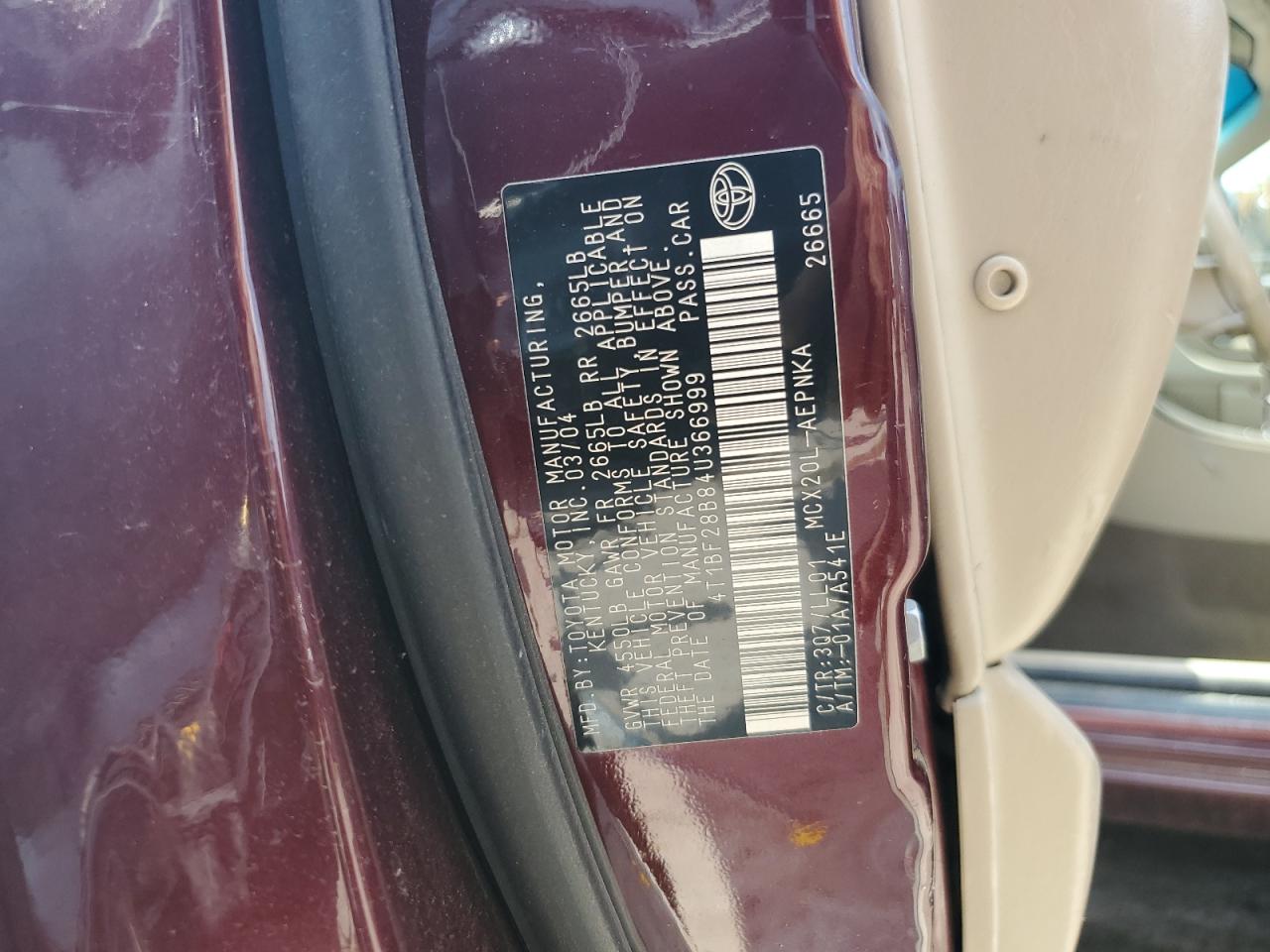 2004 Toyota Avalon Xl VIN: 4T1BF28B84U366999 Lot: 62851625