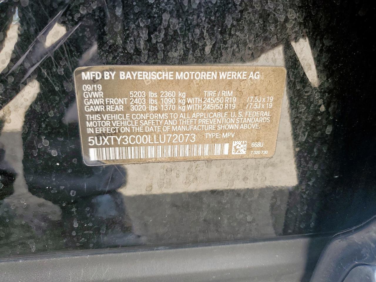 2020 BMW X3 Sdrive30I VIN: 5UXTY3C00LLU72073 Lot: 64498085