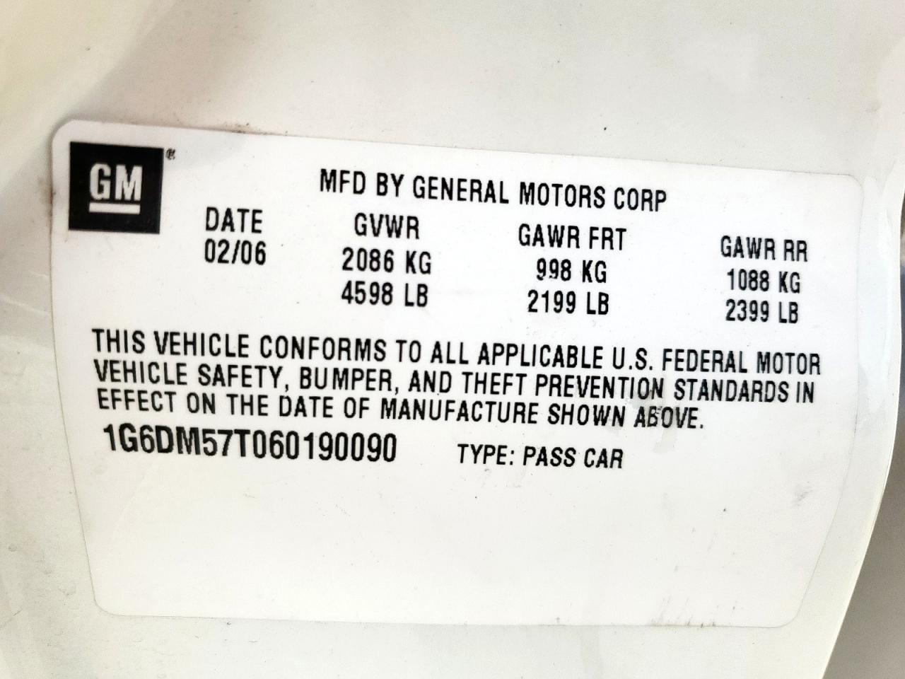 2006 Cadillac Cts VIN: 1G6DM57T060190090 Lot: 62350065