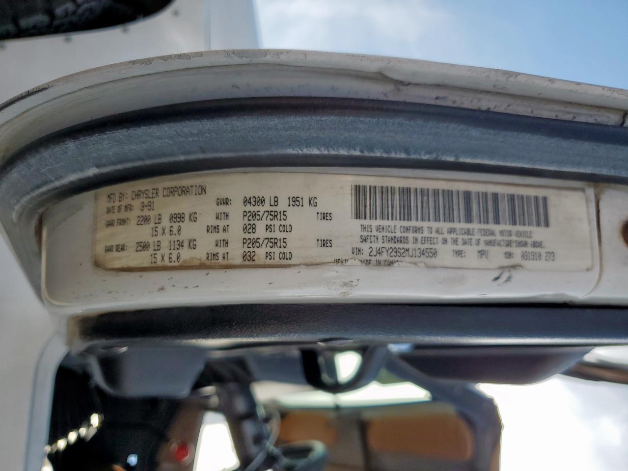 1991 Jeep Wrangler / Yj VIN: 2J4FY29S2MJ134550 Lot: 64953795