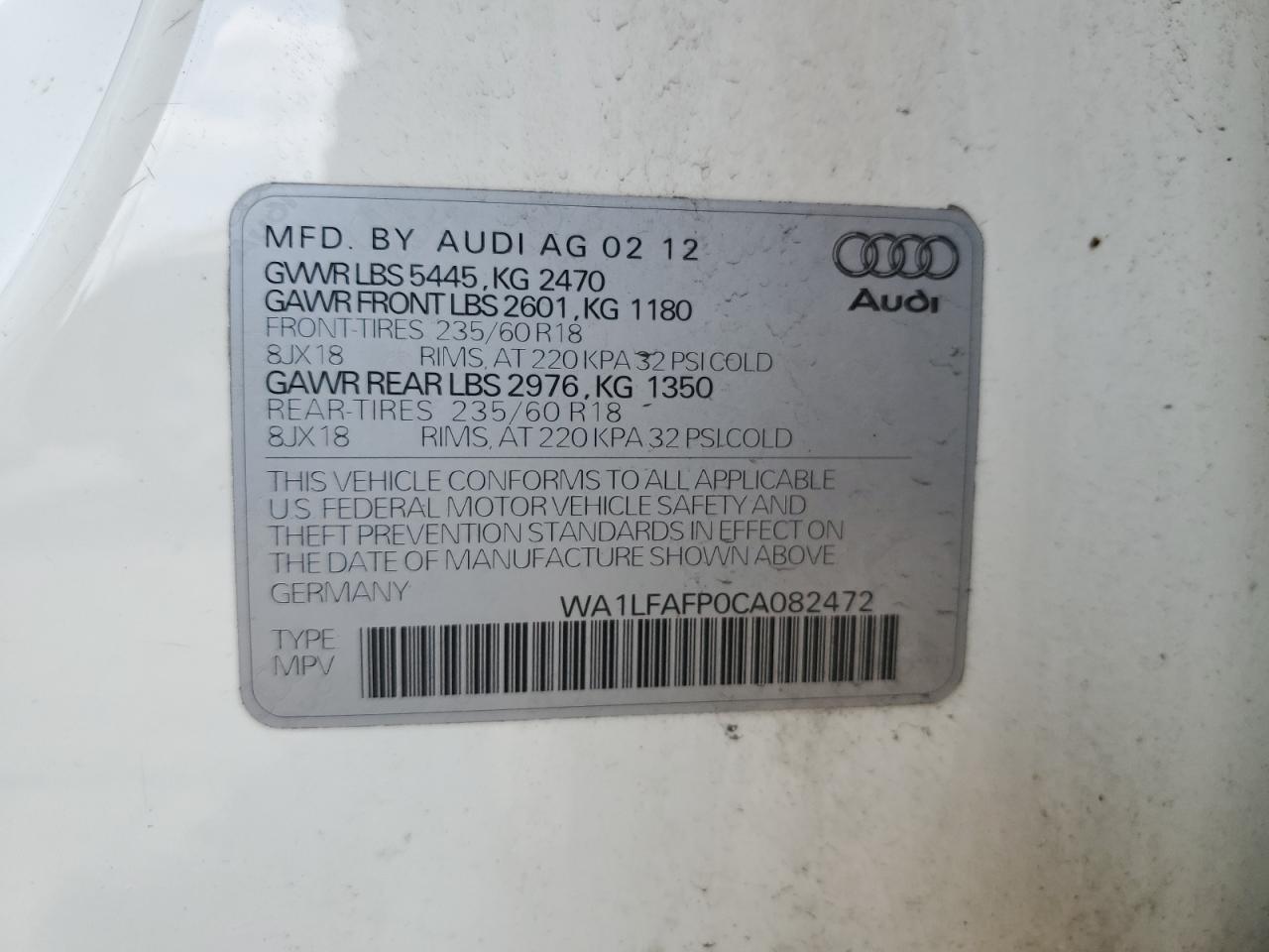 2012 Audi Q5 Premium Plus VIN: WA1LFAFP0CA082472 Lot: 64405265