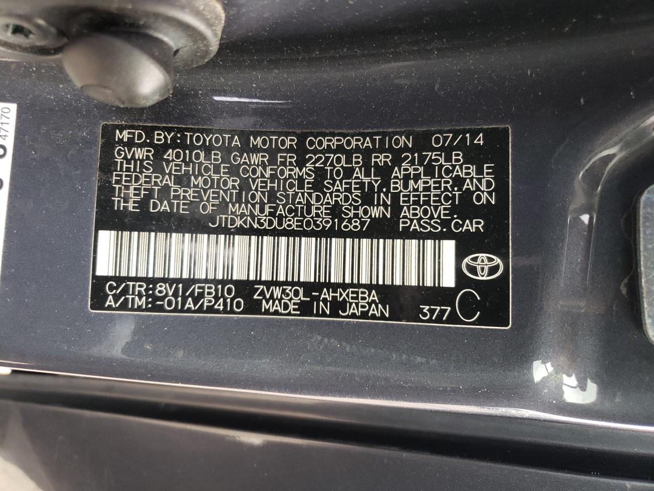 2014 Toyota Prius VIN: JTDKN3DU8E0391687 Lot: 63356615