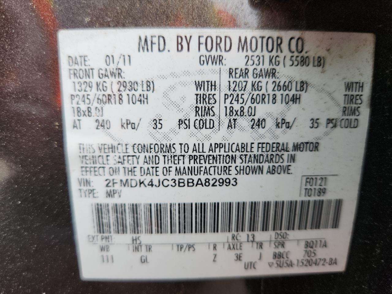 2011 Ford Edge Sel VIN: 2FMDK4JC3BBA82993 Lot: 64286115
