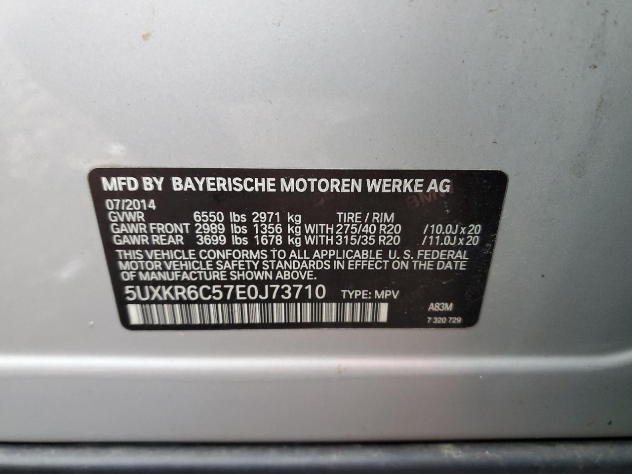 2014 BMW X5 xDrive50I VIN: 5UXKR6C57E0J73710 Lot: 60449485