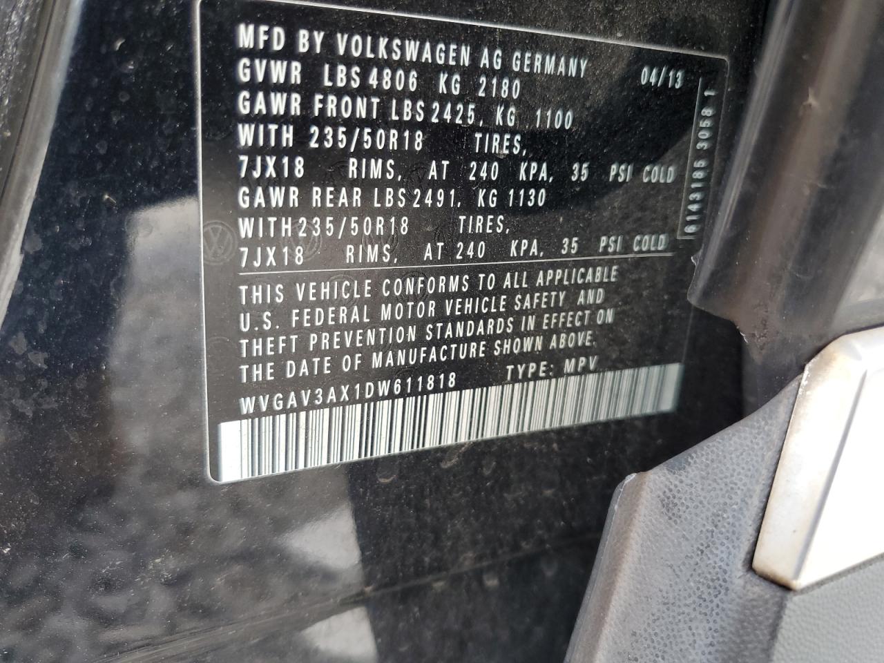 2013 Volkswagen Tiguan S VIN: WVGAV3AX1DW611818 Lot: 64781595