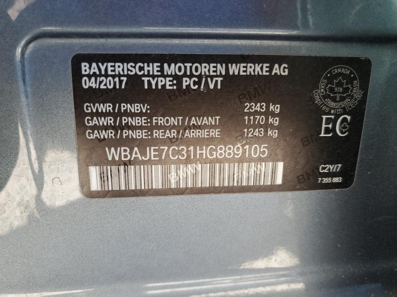 2017 BMW 540 Xi VIN: WBAJE7C31HG889105 Lot: 66732635