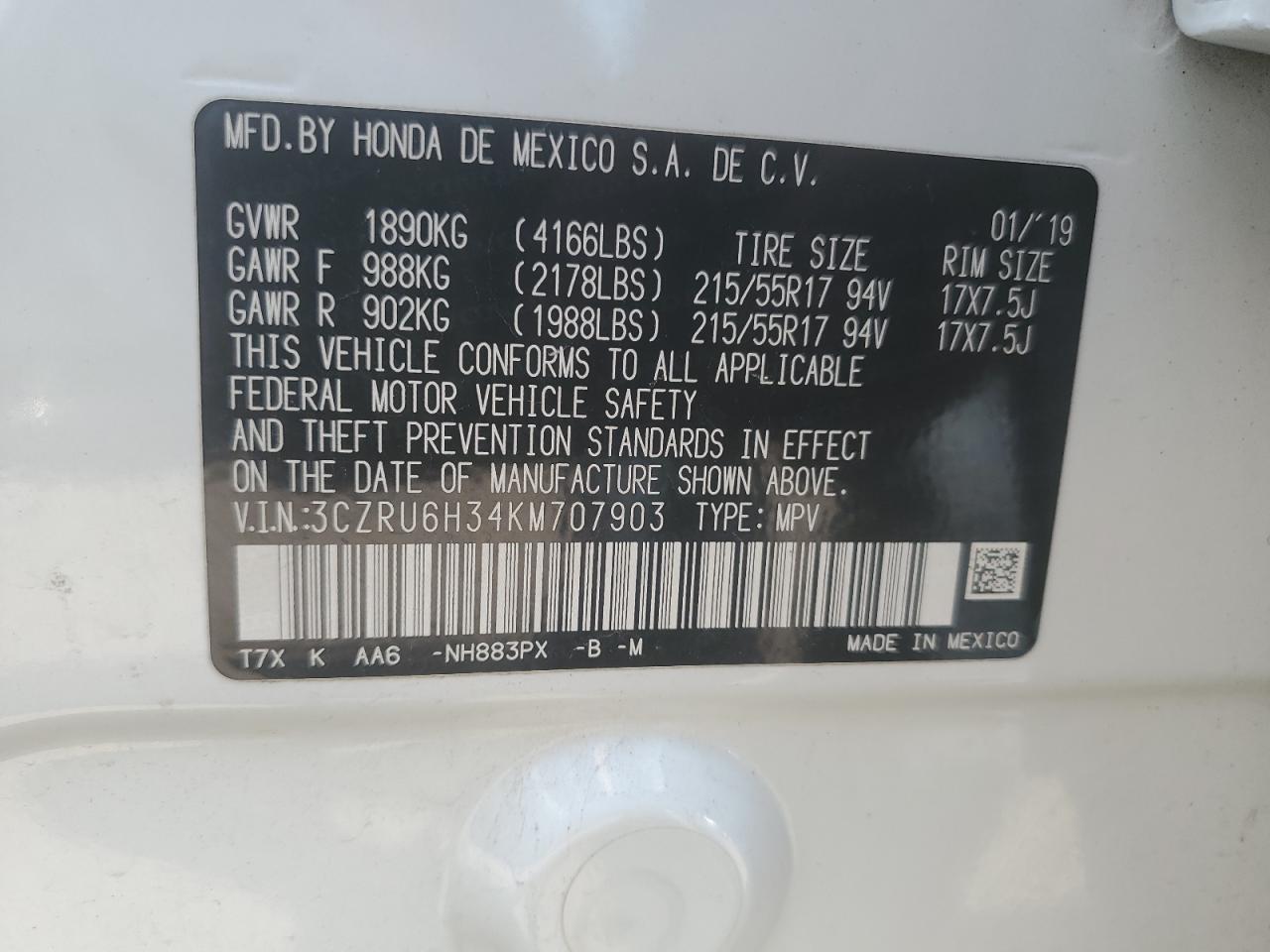 3czru6h34km707903 3CZRU6H34KM707903 2019 Honda Hr-V Lx