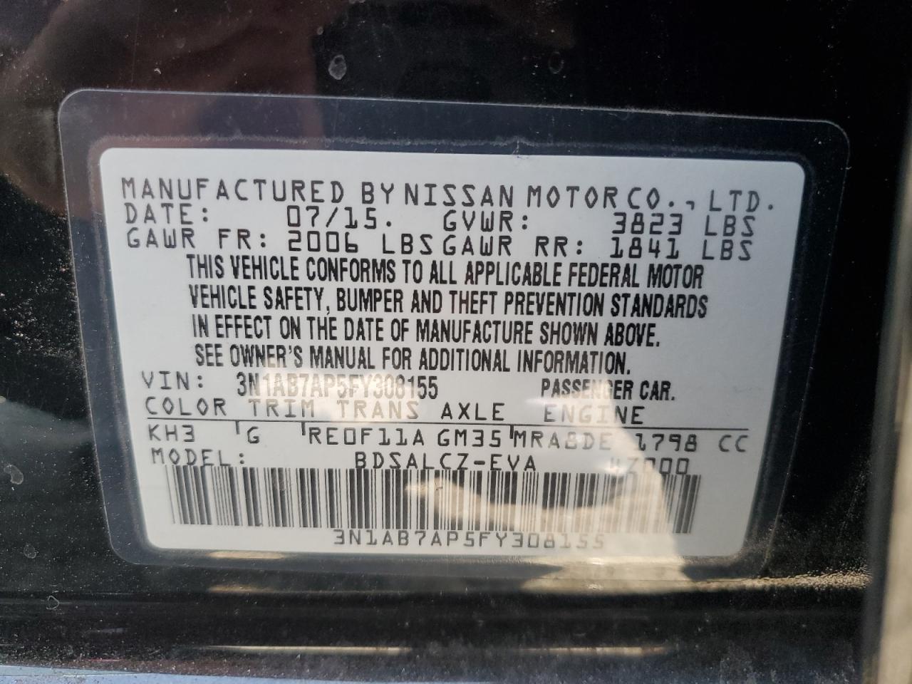 2015 Nissan Sentra S VIN: 3N1AB7AP5FY308155 Lot: 63134365