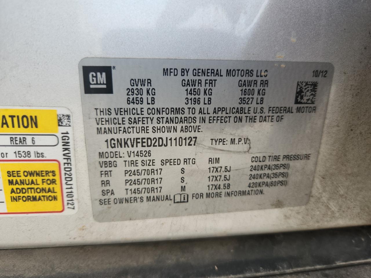 2013 Chevrolet Traverse Ls VIN: 1GNKVFED2DJ110127 Lot: 63979135
