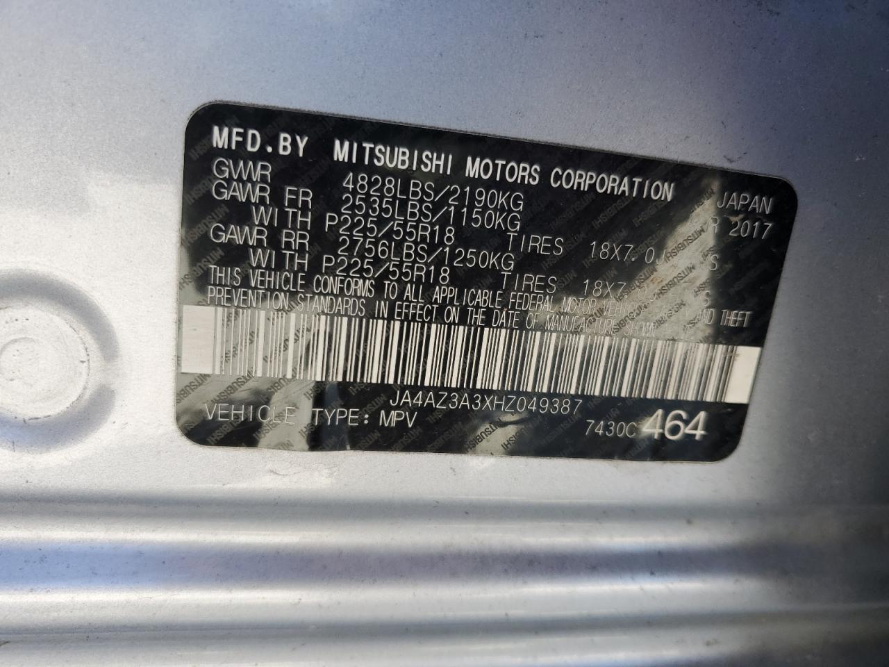 2017 Mitsubishi Outlander Se VIN: JA4AZ3A3XHZ049387 Lot: 64660395