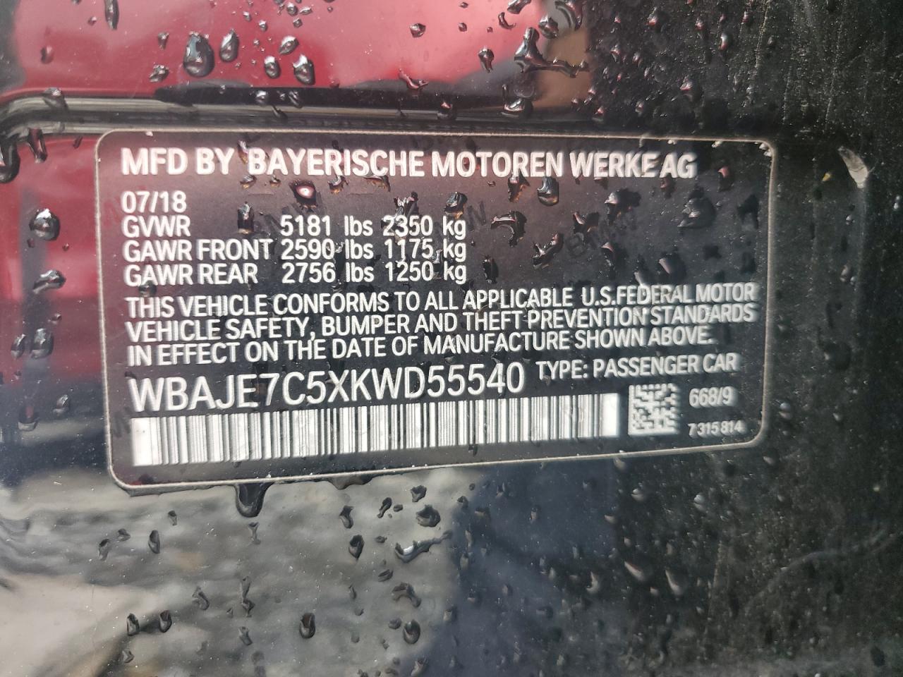 2019 BMW 540 Xi VIN: WBAJE7C5XKWD55540 Lot: 63302835