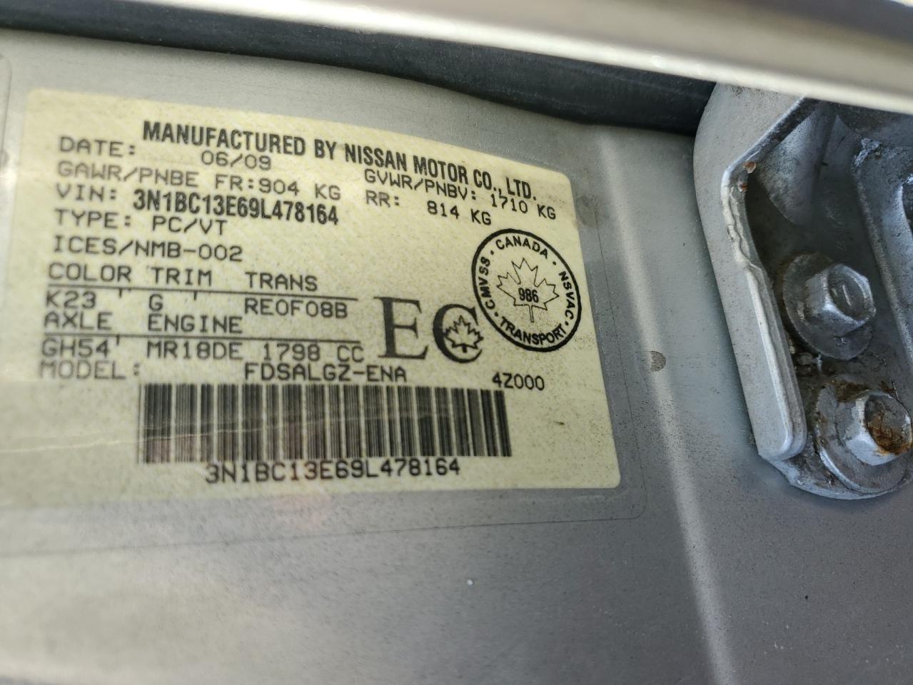 2009 Nissan Versa S VIN: 3N1BC13E69L478164 Lot: 62838835