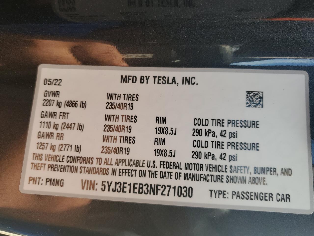 2022 Tesla Model 3 VIN: 5YJ3E1EB3NF271030 Lot: 64866905