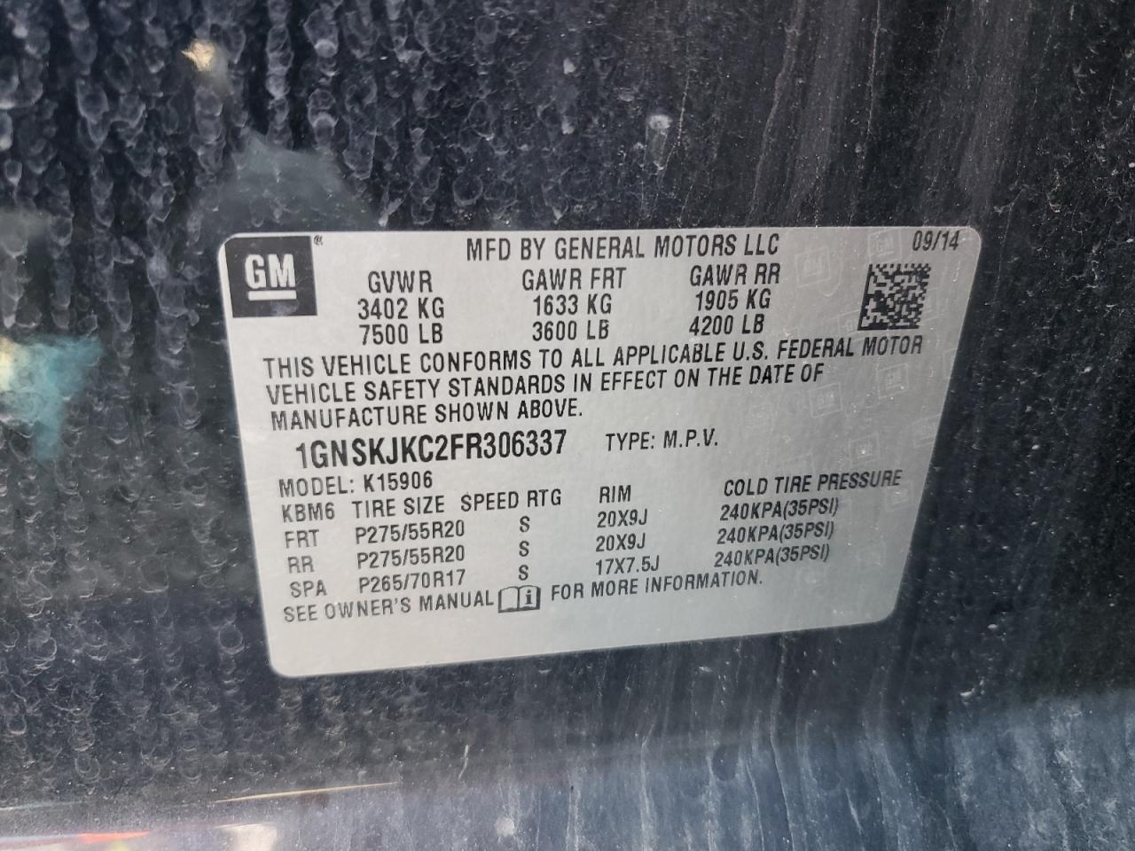 2015 Chevrolet Suburban K1500 Lt VIN: 1GNSKJKC2FR306337 Lot: 63242965