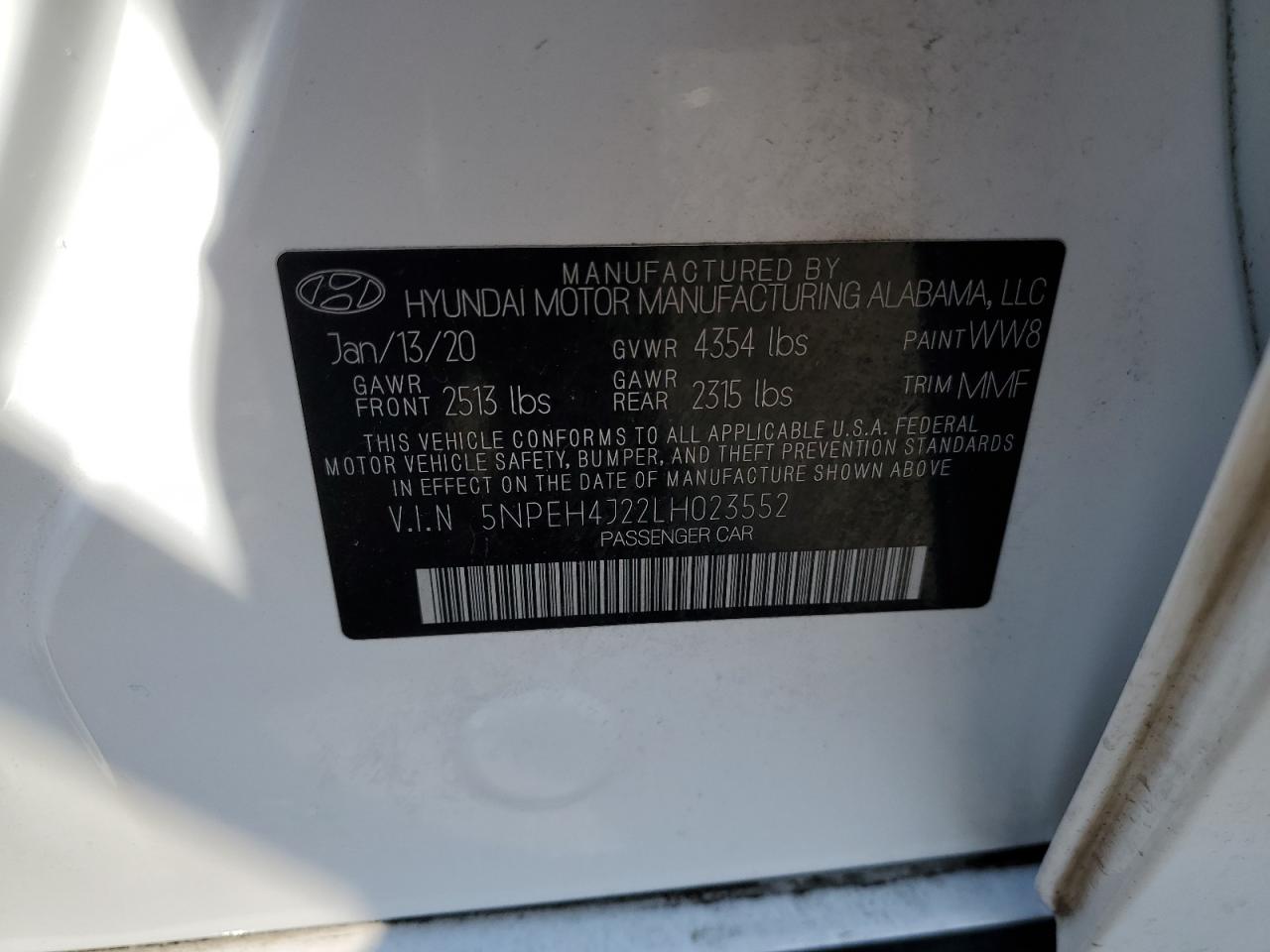 2020 Hyundai Sonata Limited VIN: 5NPEH4J22LH023552 Lot: 63043575