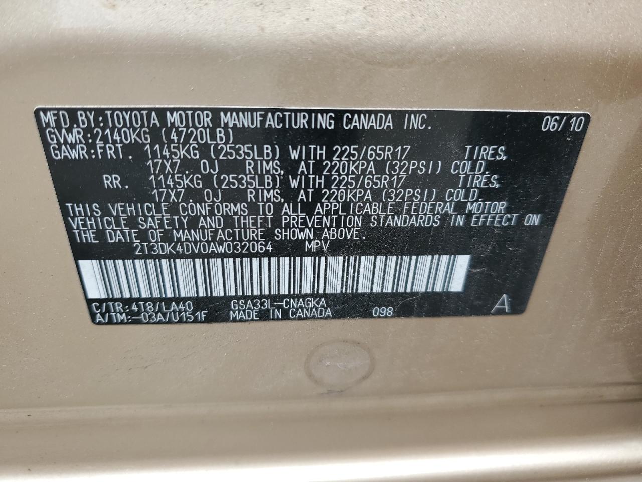 2010 Toyota Rav4 Limited VIN: 2T3DK4DV0AW032064 Lot: 64677725