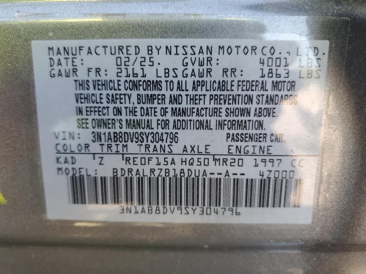2025 Nissan Sentra Sr VIN: 3N1AB8DV9SY304796 Lot: 65138205