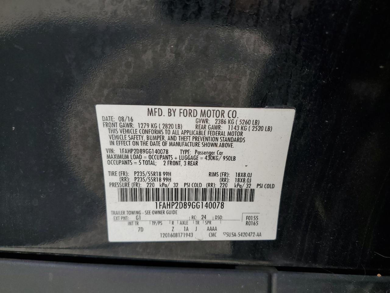 2016 Ford Taurus Se VIN: 1FAHP2D89GG140078 Lot: 64628035