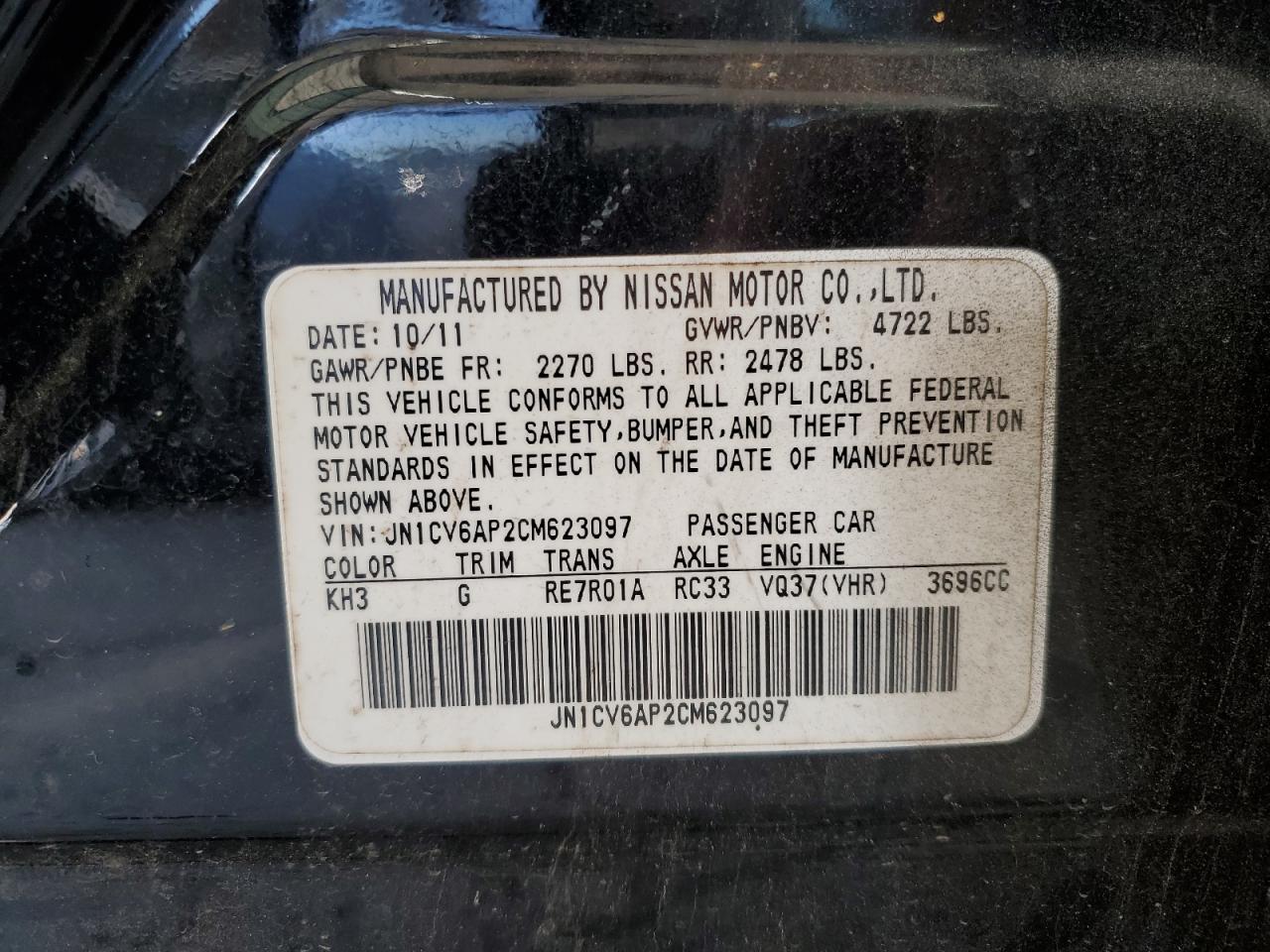 2012 Infiniti G37 Base VIN: JN1CV6AP2CM623097 Lot: 65193975