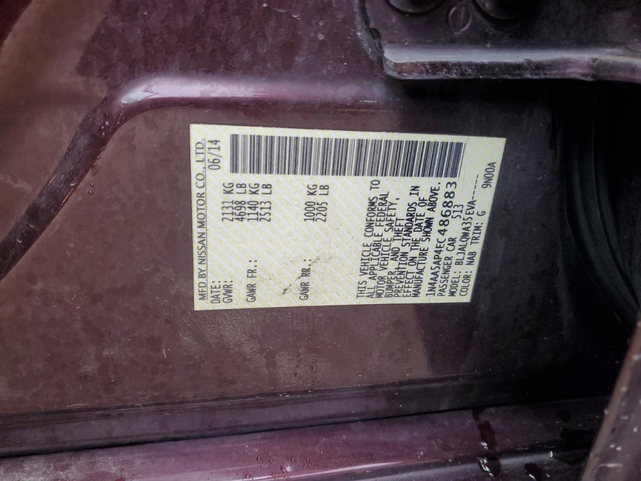 2014 Nissan Maxima S VIN: 1N4AA5AP4EC486883 Lot: 63948815