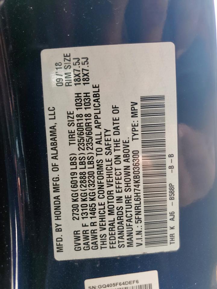 2019 Honda Odyssey Exl VIN: 5FNRL6H74KB036300 Lot: 65050565