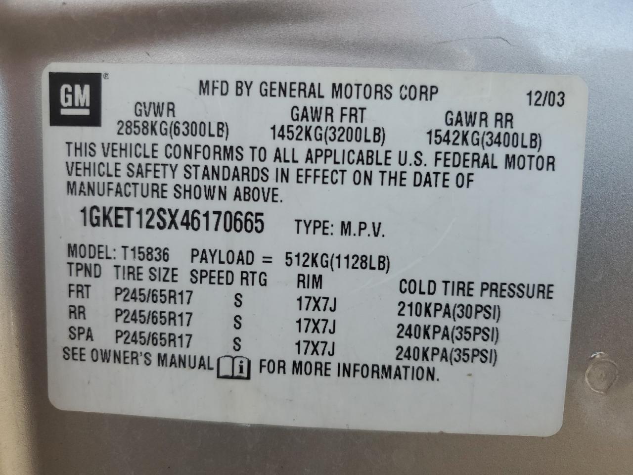 2004 GMC Envoy Xuv VIN: 1GKET12SX46170665 Lot: 64624515