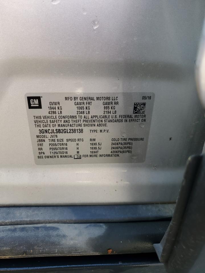 2016 Chevrolet Trax 1Lt VIN: 3GNCJLSB2GL238138 Lot: 63452885