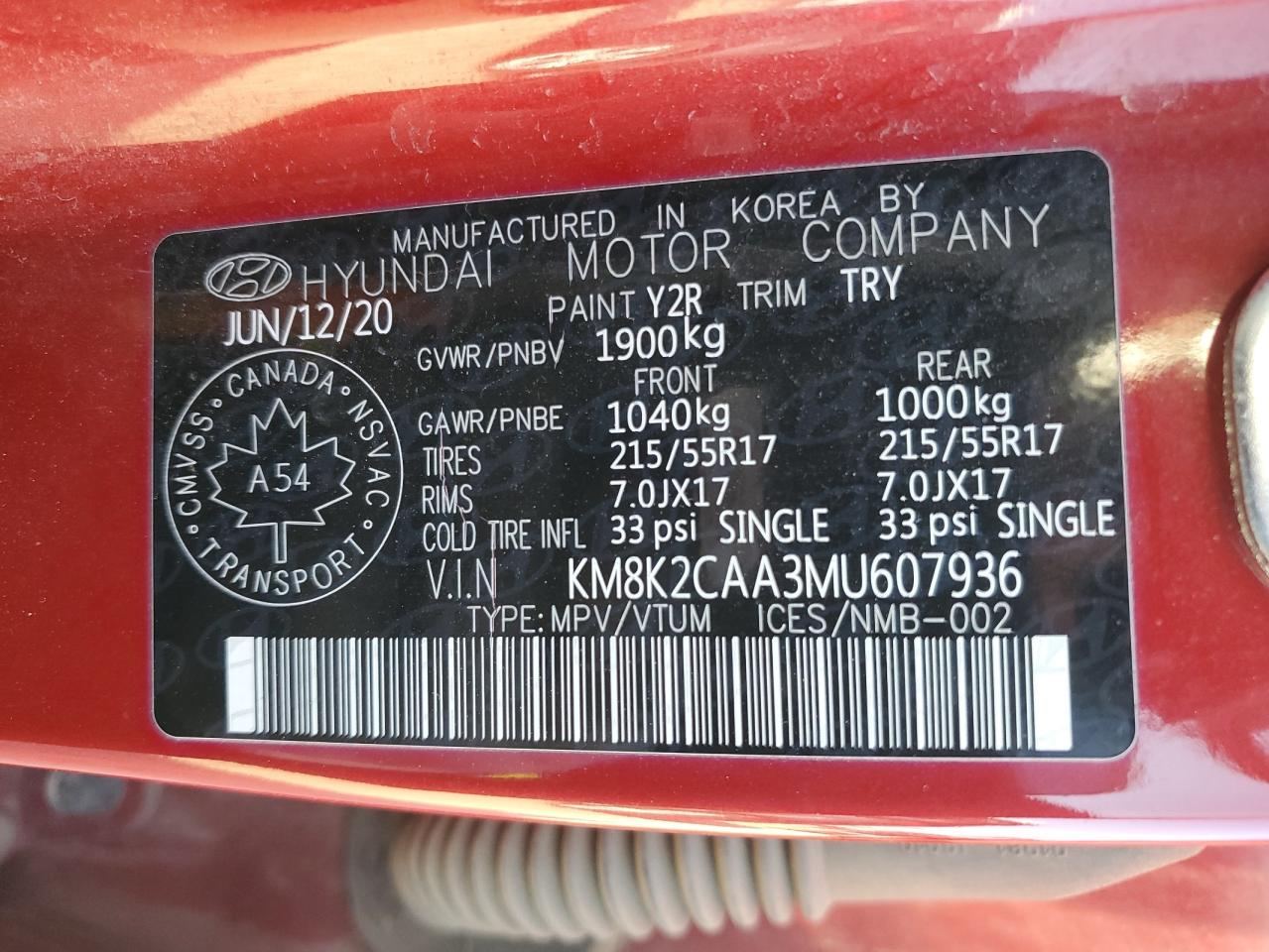 2021 Hyundai Kona Sel VIN: KM8K2CAA3MU607936 Lot: 63074185