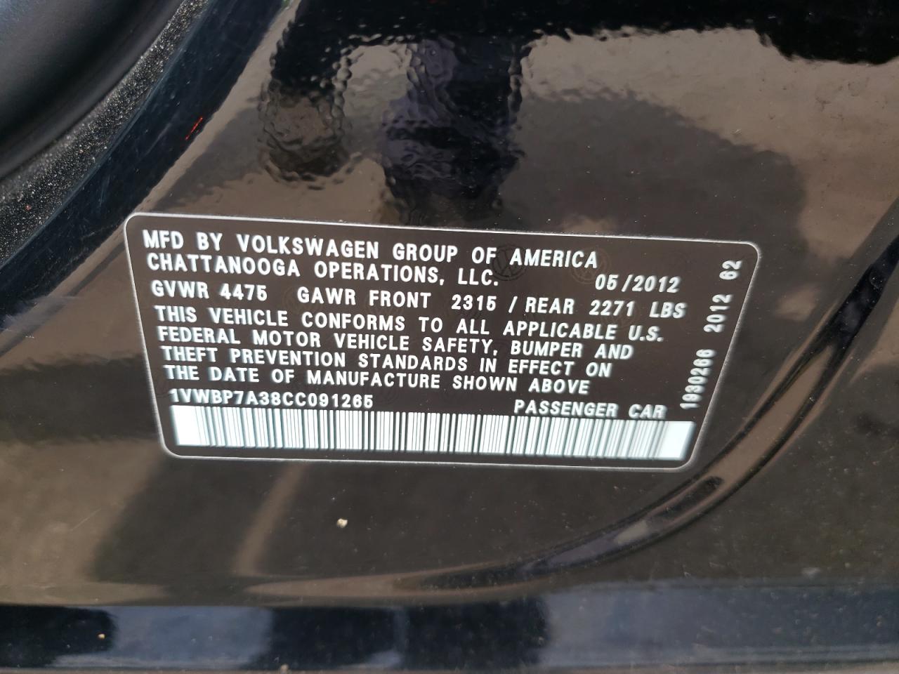 2012 Volkswagen Passat Se VIN: 1VWBP7A38CC091265 Lot: 62593035