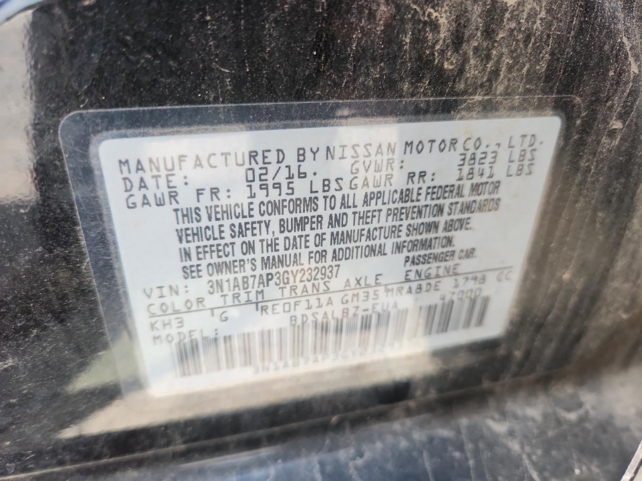 3N1AB7AP3GY232937 NISSAN SENTRA 2016