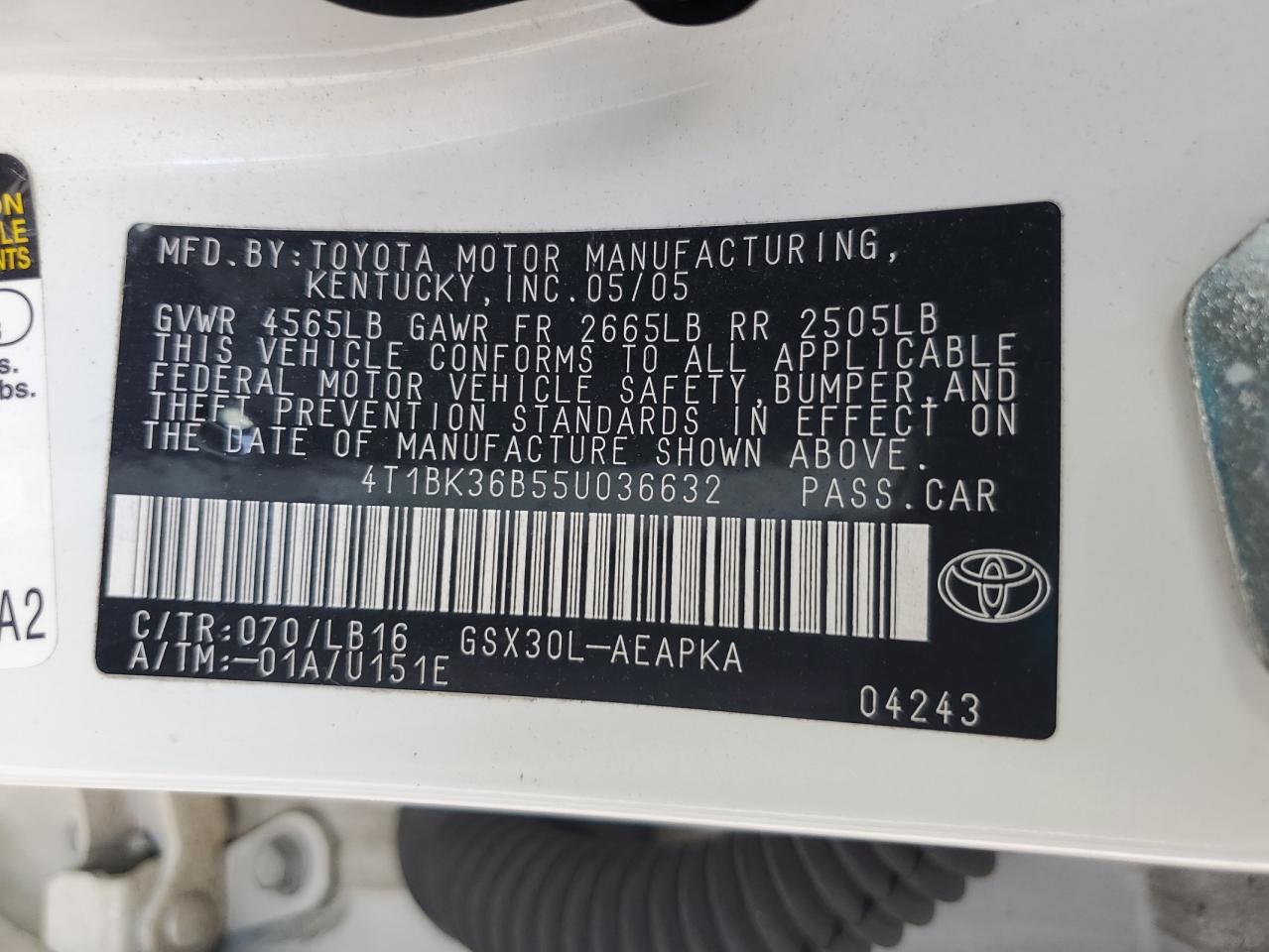 2005 Toyota Avalon Xl VIN: 4T1BK36B55U036632 Lot: 63374735