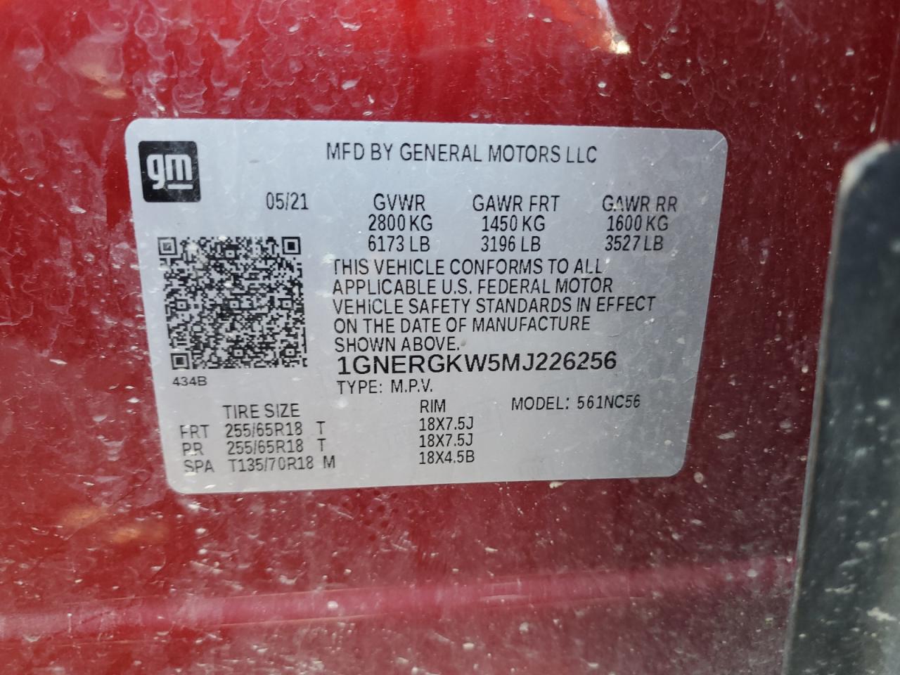 2021 Chevrolet Traverse Lt VIN: 1GNERGKW5MJ226256 Lot: 64697345