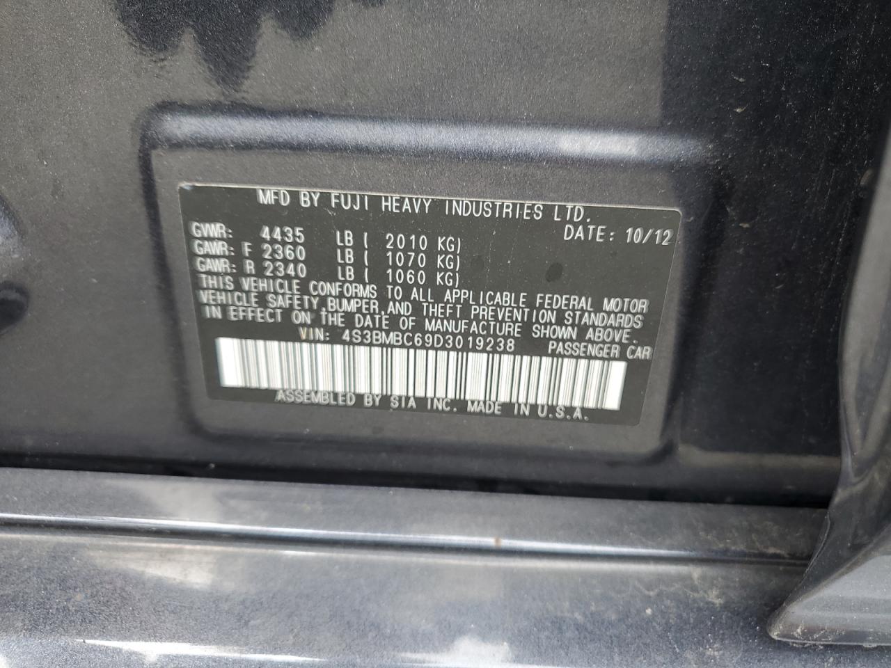 2013 Subaru Legacy 2.5I Premium VIN: 4S3BMBC69D3019238 Lot: 62481895