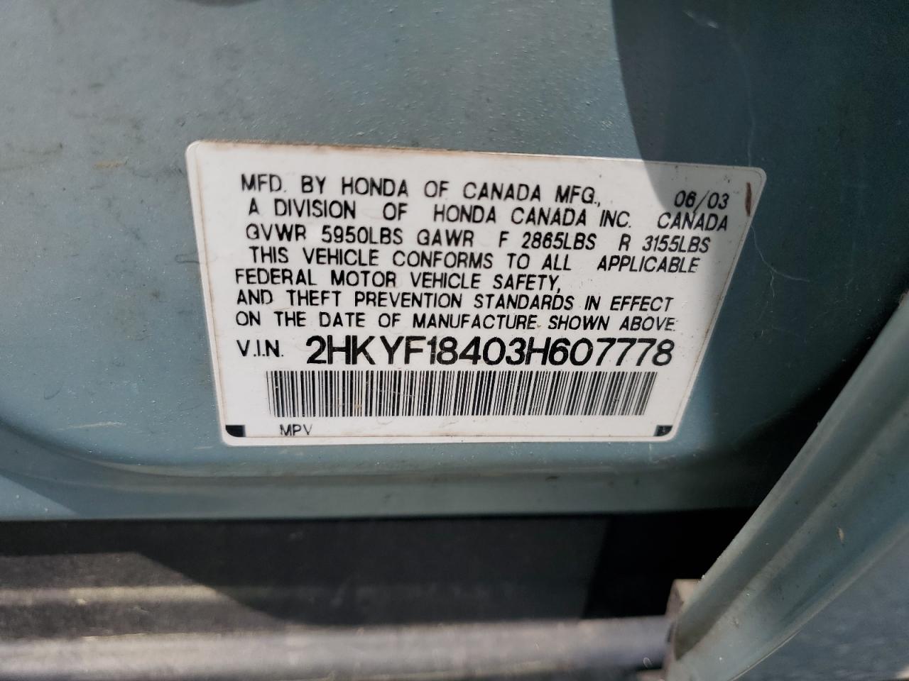 2003 Honda Pilot Ex VIN: 2HKYF18403H607778 Lot: 63434435
