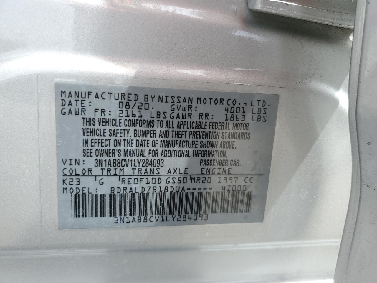 2020 Nissan Sentra Sv VIN: 3N1AB8CV1LY284093 Lot: 65033055