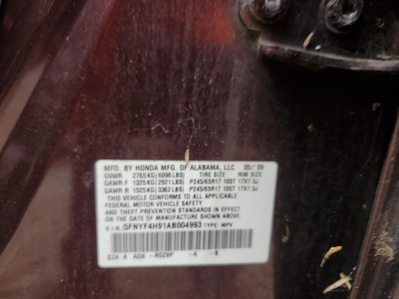 2010 Honda Pilot Touring VIN: 5FNYF4H91AB004993 Lot: 60735785